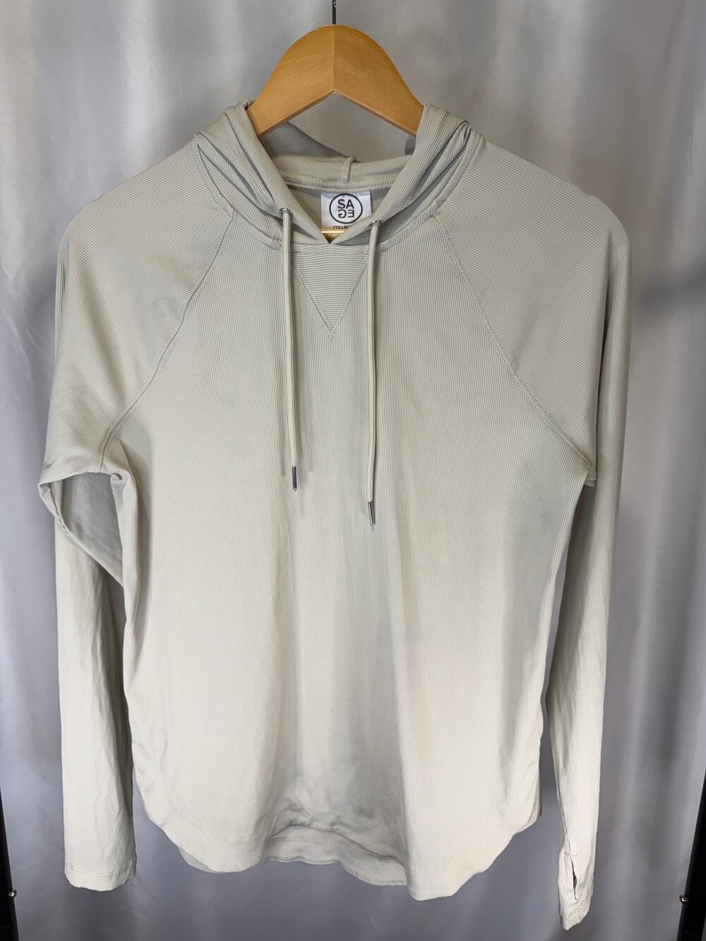 Sage Collective Women’s Small Ribbed Hooded Pullover Beige Stretch Activewear